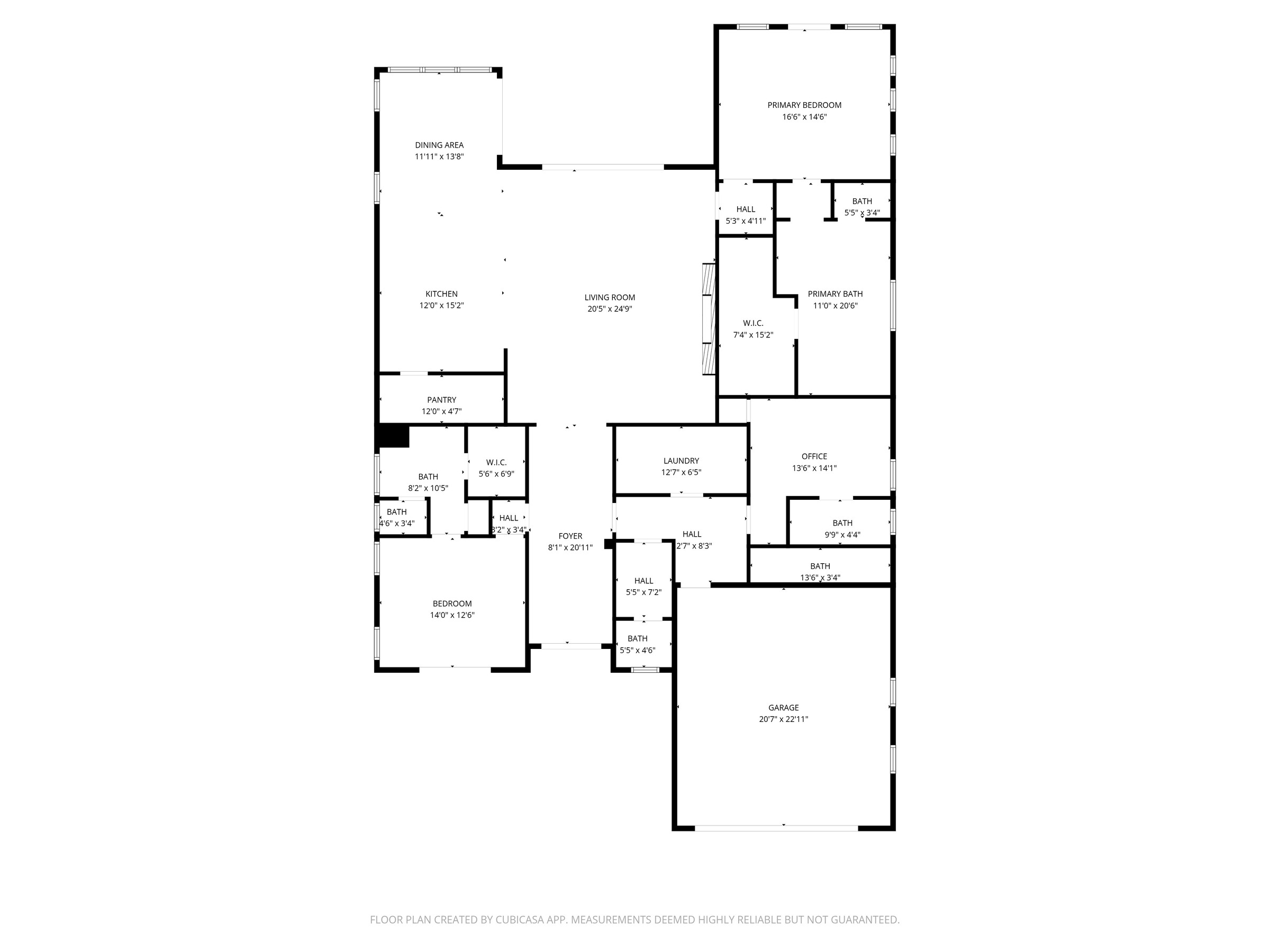 Floor plan of 3 Vicolo Bella showing the dining area, kitchen, living room, three bedrooms, primary bath, office, foyer and garage